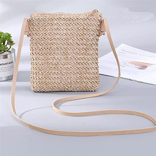 YFZCLYZAXET Strohtaschen Strandtasche Damenmode Strohtasche Rattan Gewebte Geldbörse Crossbody Messenger Bag Zopf Kleine Quadratische Handtasche Boho Beach Khaki