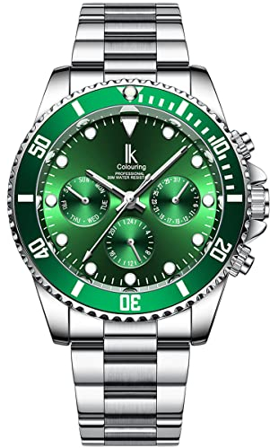 Alienwork Orologio Automatico Uomo Donna Argento Bracciale in Acciaio Calendario Data Verde Multi-funzione Fondo in Vetro