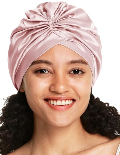LilySilk 100% Maulbeerseide Schlafmütze für lockiges Haar Seide Bonnet Nacht Schlafmütze Kopfbedeckung Haarwickel für Frauen mit elastischem Band，Rosa