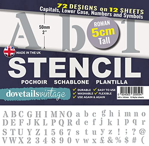 Dovetails Vintage 5 cm Tall Letter Stencil Kit - Roman Style Upper and Lower Case with Numbers and Symbols.