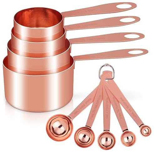 Cuteefun Messbecher und Messlöffel, 8 Stück, Edelstahlgriff, Roségold | Metrischen Und US Maßen, Goldene Polierte Oberfläche, Cup Messbecher für Trockene und FlüSsige Zutaten, Zum Backen und Kochen