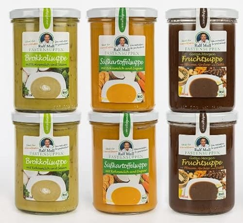 vegane Ralf Moll® Fastensuppen | 6x 380ml Bio-Suppen im Glas | lecker Abnehmen mit Suppen für Intervallfasten Fastenkur Souping | mit Brokkoli, Süßkartoffel, Pflaume Aprikose Dattel