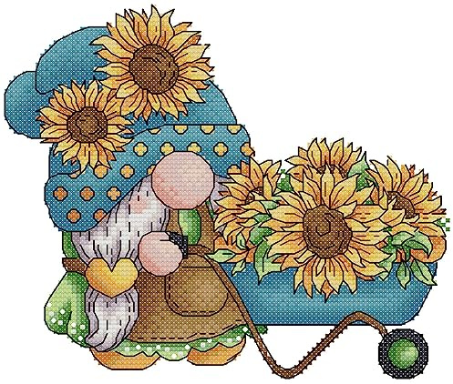 Awesocrafts Kreuzstich Stickpackungen Vorgedruckt Zwerg mit Sonnenblumen Bilder Vorlagen Sticken Set Vorgedruckt 11CT 3 Stränge
