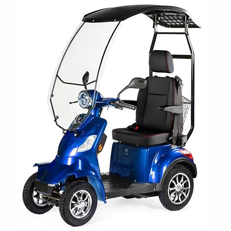 VELECO FASTER mit DACH und Kapitänssitz - 4-Rad Elektromobil - komplett montiert und fahrbereit - Dach mit Windschutzscheibe - sicher und stabil - Sicherheitsgurt - Mobilitätsroller (Blau)