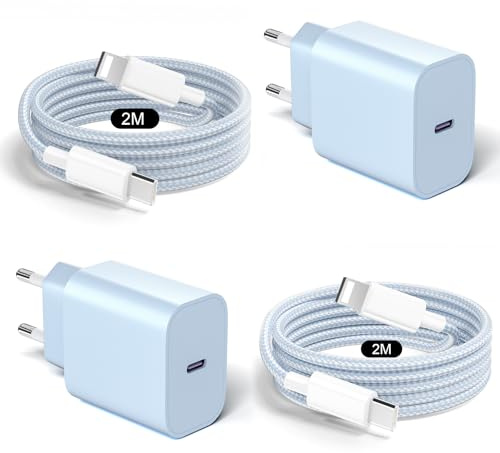 Caricatore per iPhone 14/13/12/11, Caricatore-USB-C, 20W, USB-C to Lighting cavo 2M 2 Set, Caricabatterie Rapido USB C Adattatore Spina, per Samsung, per iPhone Pro/Pro Max/Plus - Blu
