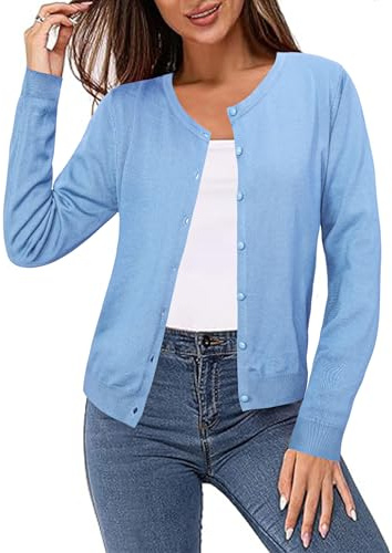 Irevial Cardigan Femme avec Boutons et Encolure en Col Rond Cardigan Femme Léger et Estival Elégant Bleu ciel，XXL