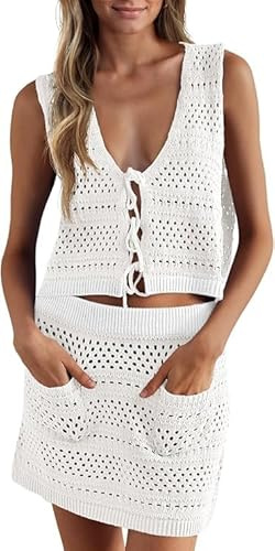 Saodimallsu Damen Bikini Cover Up Set 2 Teilig Badeanzug Häkeln Ärmellose Crop Top Strickrock Häkelkleid Strand Bademode Gestrickte Strandkleid Beach Crochet Cover Ups