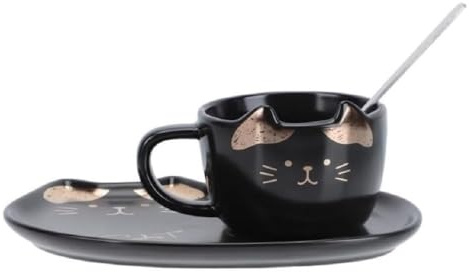 Huiyiwert Set di tazze da caffè in porcellana, con piattino e cucchiaio, 200 ml, regalo per gli amanti dei gatti, compleanno, festa della mamma (nero)