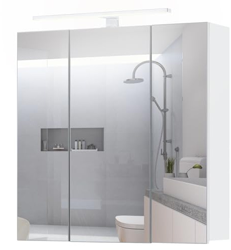 TUKAILAI Spiegelschrank Bad mit Beleuchtung, Spiegelschrank Holz weiß, Badschrank Wandmontage mit 9 unabhängige Lagerräume für Badezimmer Modern 70x70x16 cm new Type