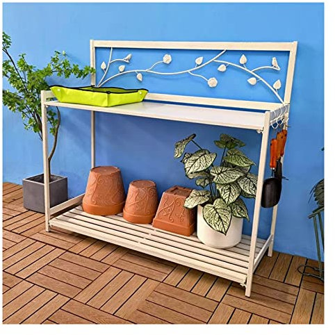 Metall-Blumenbank, für den Außenbereich, Terrasse, Arbeitsplatz, Tisch mit 2 Ebenen, offenem Regal zum Bepflanzen, Weiß, 126,5 x 45 x 115,5 cm