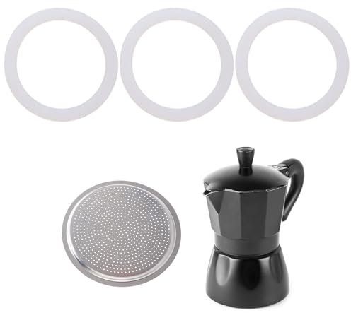 4 Pcs Moka Pot Replacement Gasket Set (1 Stainless Filter and 3 Seal Silicone Gaskets), Food-Grade Rubber Ring, Moka Pot Accessories for Stovetop/Espresso Machine/Bialetti Coffee Maker
