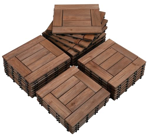 Yaheetech Lot de 27 Caillebotis Bois Exterieur Dalles de Terrasse en Bois Composite avec Système d’Emboîtement Revêtement de Sol Extérieur Intérieur 30 x 30 cm