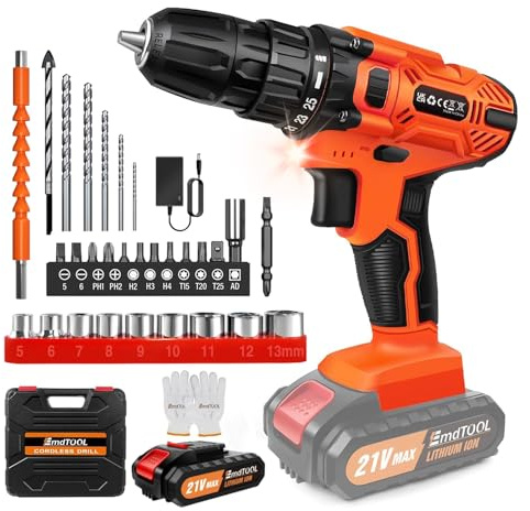 21V Cordless Power Drill, Handheld Screwdriver Drill Set with 1.5Ah Li-ion Battery & Charger, 25+1 Torque, 2-Gear Combi Hammer Drills, 3/8 Chuck Drills Drivers Kit with 29Pcs Accessories for Home DIY