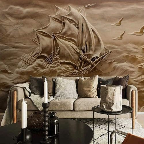 3D Relief Wave Sailboat 3D Wallpaper Feature Office Living Room Sofa Bedroom TV Background Wall Decoration-430cm×300cm