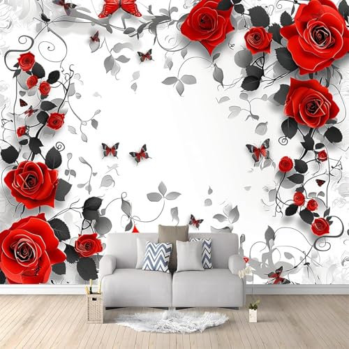 Fototapete Selbstklebend Rote Rose 3D Effekt Foto Tapete Schmetterling 150x105 cm Seidenstoff Wandtapete Wohnzimmer Schlafzimmer Bildtapete für Wand Deko A-1619