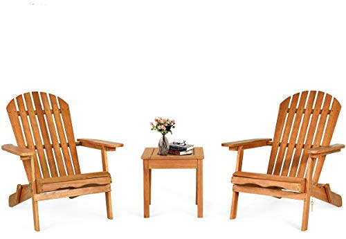 GOPLUS Salon de Jardin Exterieur 2 Personnes, Table Exterieur avec 2 Chaises Adirondack Pliantes 3 Pièces en Bois Eucalyptus, 2 Fauteuils Adirondack, 1 Table d'Appoint, pour Balcon Porche