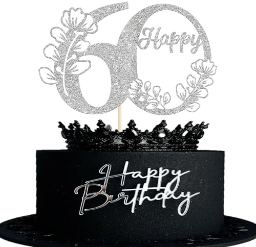 Xsstarmi 1 Pack Happy 60th Birthday Cake Topper Silver Glitter 60 Cake Pick Cheers to 60 Birthday Cake Decorations for Happy 60th Anniversary Party Cake Decoration Supplies
