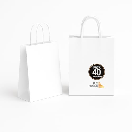 BOXPACKING | 40 Vita Papperspåsar med Handtag | Vit Papperspåse | 40 Påsar 24x18x8 cm | Papperssäckar Små | Vita Papperskassar för Gåvor, Fester och Födelsedagar | Presentpåsar Storpack | Kraftpåsar