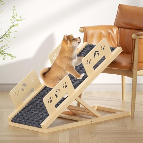 Hundramp 100 cm, höjdjusterbar i 4 steg från 35 cm till 58 cm, hundramp, sängramp, hund, av trä, vikbar hundramp, bil, vikbar för stora små hundar