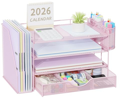 Pygocereri Schreibtisch Organizer mit Aktenhalter, 4 Ebenen Büro Organizer mit Schublade und 2 Stifthaltern, Mesh Papierablage mit Zeitschriftenhalter, Schreibtisch Ablage für Bürobedarf (Rosa)