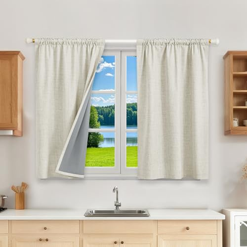 Runyéla 100% Verdunklungsvorhänge Thermovorhänge Kälteschutz Gardinen mit Kräuselband 120 x 90 cm (HxB) 2er Set Leinenoptik Vorhänge Blickdicht Hellbeige, Schiebegardinen Wohnzimmer Curtain