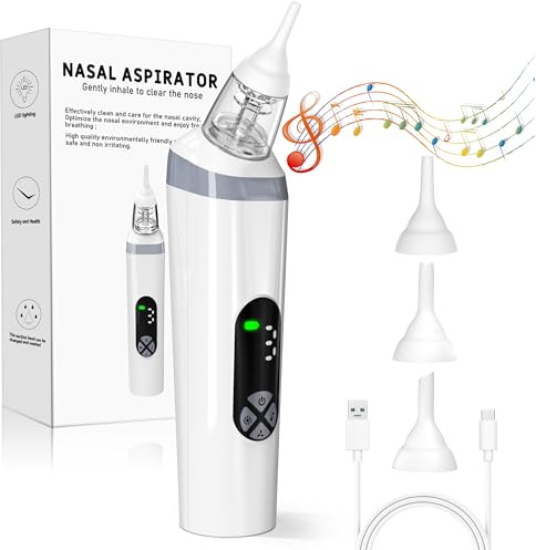 Electric Nasal Aspirator for Babies, 3 Suction Levels, Light & Music Function, and 3 Silicone Tips for Gentle Nasal Care