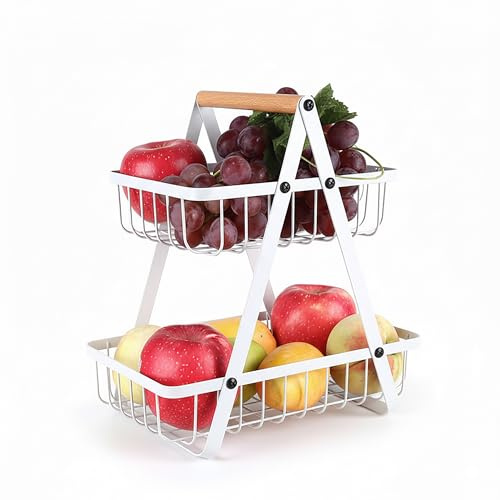 Relaxdays Etagere para Fruta, 2 Pisos, Metal, asa de Madera, 34 x 26 x 17 cm, frutero Blanco