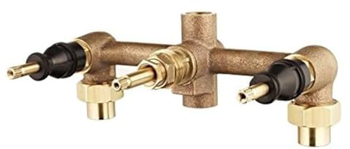 Lawnoval Durable Metal Multi?Handle Shower and Tub Valve, 3?Hole Installation with 12?Inch Union Inlets and I.P. Outlets, Includes Union Nuts - Yellow