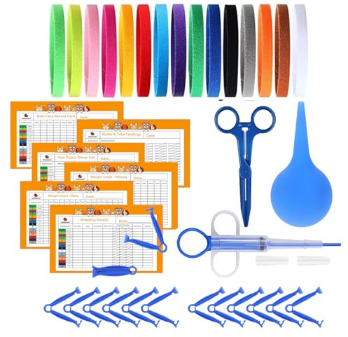 PawsVel Welpen Wurfkits: Geburts- und Starter-Set inklusive 15 Welpenbändchen, Aufzeichnungsbögen, Pinzette, Absauger, Tablettengeber und Nabelklemmen