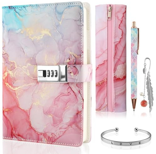 Foymlon dagbok med kod för flickor A5-set, skrivset flickor med kombinationslås, tonåring dagbok med lås i rosa, presentförpackning med pennfodral, penna, bokmärken och armband