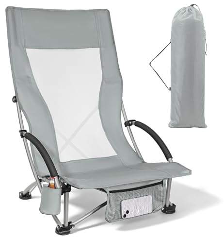 WildFun Klappstrandstuhl Niedrig, Leichter Tragbarer Camping- & Angelstuhl mit Hoher Rückenlehne, Getränkehalter – Trägt bis 100 kg für Reisen, Outdoor, Grillen, Picknick, Festival (1PCS, Grau)
