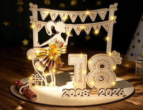 ARTREE Geldgeschenk 18. Geburtstag Mädchen Deko, Geldgeschenke Geburtstag Mädchen 18 Geburtstag Geschenk mit LED Lichterkette, Geldgeschenk Geburtstag Holz Schild Gästebuch,Geschenke Zum 18 Geburtstag