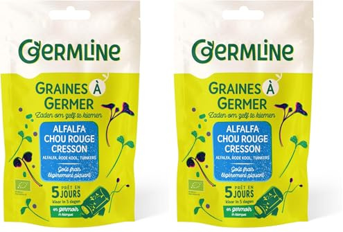 GERM'LINE - Graines à Germer Alfalfa, Cresson & Chou Rouge Bio | Riche en Protéines & Fibres | Faciles à Cultiver | Sachet 150g | Fabrication Française (Lot de 2)