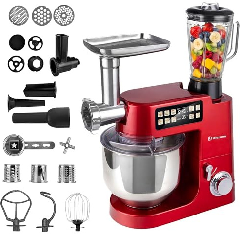 LEHMANN Teyles Multifunktions-Küchenmaschine 8L 2100W mit Waage & Heizschüssel, Planetarische Knetmaschine für Brot- & Pizzateig, 1,5-Liter-Mixer, Fleischwolf, Touchdisplay, Rot