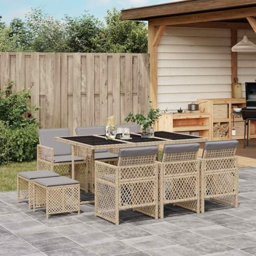 ACAGALA Rattan Gartenmöbel Set 10 Personen, Balkonmöbel mit klappbare Stühlen und Esstisch mit Glasplatte, Kissen, Outdoor Sitzgruppe Sitzgarnitur Essgruppe, Beige und Grau