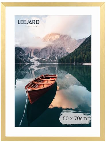 LEEJARD Bilderrahmen 50x70cm Gold, golden Fotorahmen Holzrahmen Mit Bruchsicherem Plexi-Glas Zum Senkrechten Oder Waagerechten, Portraitrahmen Mit Nahtloser Haken für Wandbehänge