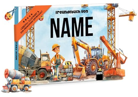 Freundebuch für Kinder, Bagger und Baumaschinen, Platz für 20 Freunde, personalisierbar, Hardcover A5 | Rundfux®