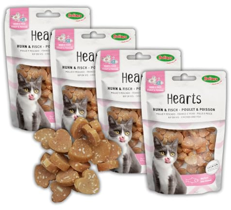 Bubimex - Chicken Hearts - Friandise pour Chat - Goût Poulet & Poisson - Faible en matières Grasses - Idéal en Récompense - Lot de 4 x 50g (200g)