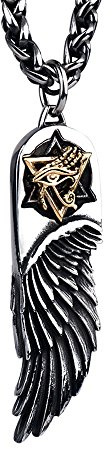 ForFox Punk Schwarz Titan Edelstahl Feder Engelsflügel Anhänger Halskette mit Golden Davidstern Auge des Horus für Herren 27 Zoll Kette
