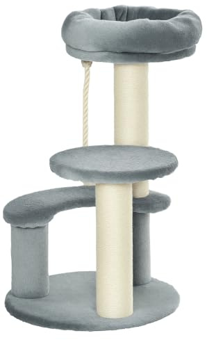 PawHut Arbre à Chats 2 griffoirs grattoirs sisal Naturel 3 Plateformes Corde à Grimper dim. Ø 40 x 65H cm Peluche Haute densité 500 g/m² Gris