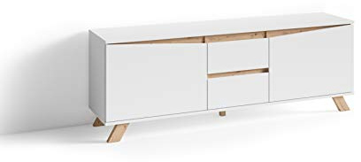 byLIVING TV-Board Valentin, Fernsehtisch mit 2 Türen und 2 Schubkästen | Lowboard matt weiß mit Absetzung in Eiche-Optik, Fernsehschrank im Scandi-Style, Grifflos, B 160, H 60, T 38 cm