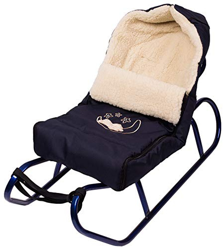 Holzschlitten Kinderschlitten aus Buchenholz Rückenlehne inkl. Zugseil + Winterfußsack Schlittensack 40 x 90 cm Fußsack Schlitten Kinderwagen (Dunkelblau)