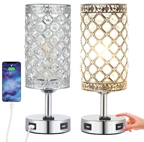 Nachttischlampe Dimmbar 12W 950LM, 2er-Pack Tischlampe Kristall mit Touch-Steuerung, zwei USB-Anschlüssen, 2 Glühbirnen (E27-Sockel), EU-Ladegerät, für Wohnzimmer, Schlafzimmer, Esszimmer – 30CM