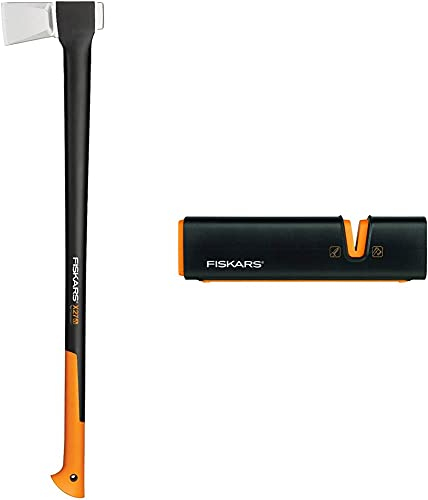 Fiskars Spaltaxt, Inklusive Klingen- und Transportschutz,: 96 cm, Antihaftbeschichtet & Axt- und Messerschärfer, Keramik- Schleifkopf/Gehäuse aus glasfaserverstärktem Kunststoff, Schwarz/Orange