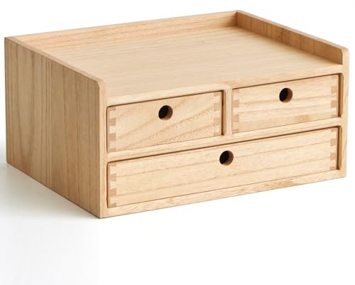 KIRIGEN Schubladenbox Holz, Schreibtisch-Organizer, A4-Fach, Natur | 35 x 27 x 16,7 cm, 3 Schubladen, Ablagefach, Massivholz, handgefertigt, fertig montiert, Zapfenverbindungen, Pflanzenöl