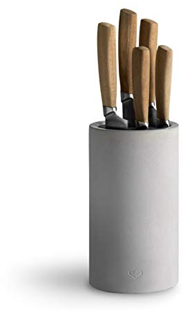 SPRINGLANE Ceppo portacoltelli universale in cemento inserto in setole rimovibile, portacoltelli (Grigio, Portacoltelli + Set coltelli 5 pezzi)