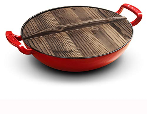 ZXFDMSWJ Padella Wok in Ghisa Padella in Ferro Smaltato 36 Cm Fondo Piatto Vecchio Stile Addensato Doppio Orecchio Wok Fornello A Gas per Uso Domestico,Red-36cm