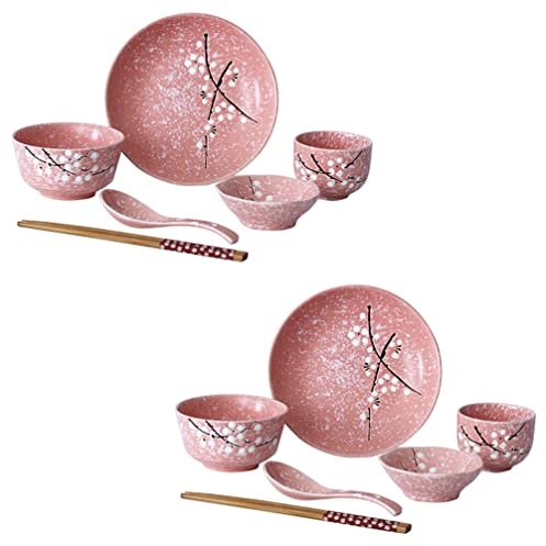 Kichvoe 1ensemble Set De Vaisselle Céramique Japonaise Rose Ensemble De Couverts Avec Bols Assiettes Tasses Et Cuillères Service De Table Élégant Pour Maison Et Amical