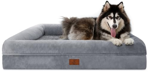 Yiruka XL Orthopedic Dog Bed for Large Dogs, Big Waterproof Dog Bed with Removable Washable Cover, 4-Sides Removable Bolster Pet Couch Sofa with Non-Slip Bottom, Grey