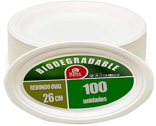 Platos Desechable Vajilla Ecológica y Biodegradable 100 piezas,Platos Caña de Azúca Blanca Desechables Extrafuertes Oval 26cm para Fiestas,Camping,Picnic,Barbacoas